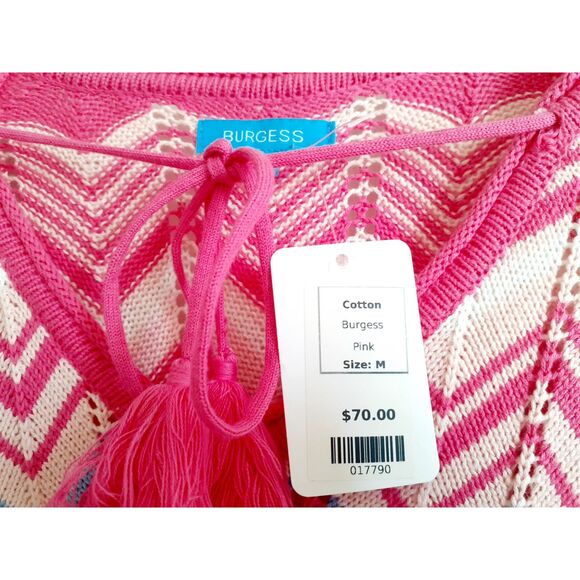 Burgess V-Neck Pom CottnSilk Blend Pink Blue Chevron Knit Poncho Sweater NWT $70 - Picture 8 of 16